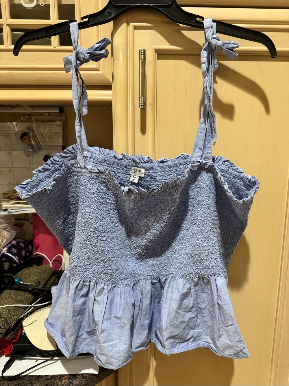 J. Crew Light Blue Smocked Tie-Shoulder Peplum Tank Top